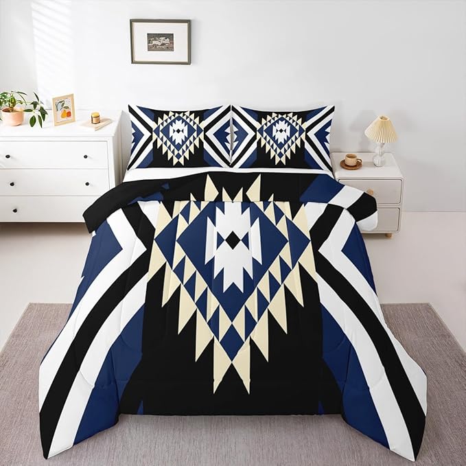 Feelyou Kids Blue Black Boho Western Bedding Set King Size Southwestern Aztec Tribal Comforter Set for Boys Girls Vintage Geometric Duvet Quilt