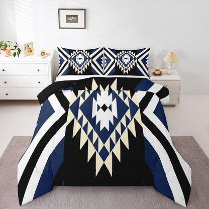 Feelyou Kids Blue Black Boho Western Bedding Set King Size Southwestern Aztec Tribal Comforter Set for Boys Girls Vintage Geometric Duvet Quilt