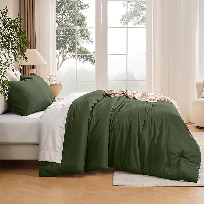 Andency Olive Green King Size Comforter Set, Solid Comforter Set 3 Pieces (1 Boho Comforter & 2 Pillowcases), Lightweight Fluffy Soft Vintage Olive Bed Comforter for All Season
