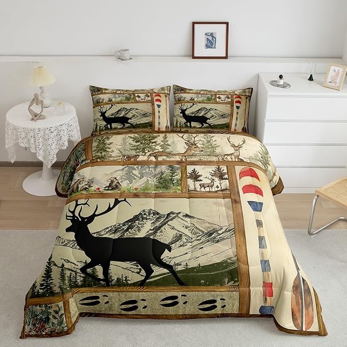 Farmhouse Lake House Decor Comforter Set Twin, Rustic Hunting Deer Bedding for Kids Boys Girls Teens, Retro Wild Animals Down Comforter, Woodland Pine Tree Paddle Plaid Decor Quilted Duvet, 2Pcs