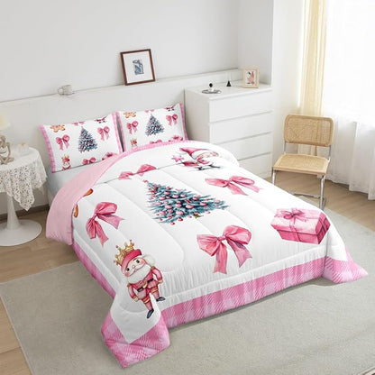 Erosebridal Christmas Tree Bedding Comforter Sets Pink Xmas Bowknot Bedding Set Full for Kids Girls Teen,Cute Santa Claus Gingerbread Man Comforter Set Kawaii Grid Plaid Quilt Duvet