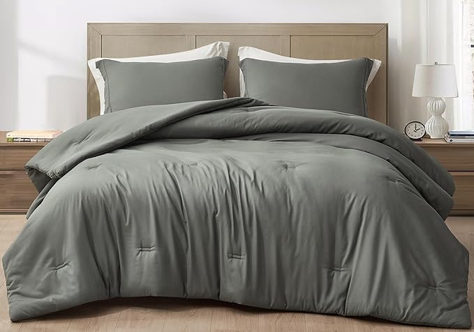 Chezmoi Collection Cliff 3-Piece Lightweight Cooling Comforter Set, Queen- Rayon Derived from Bamboo & Polyester Blended, Soft Breathable Bedding for Hot Sleepers, Dark Gray