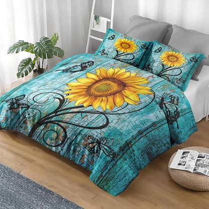 Comforter Set Queen Size, Rustic Yellow Sunflower 3 Pcs Soft Bedding Set for Kids and Adults, Teal Wood Wooden Floral Comforter Set with 2 Pillowcases, for Bedroom Bed Decor