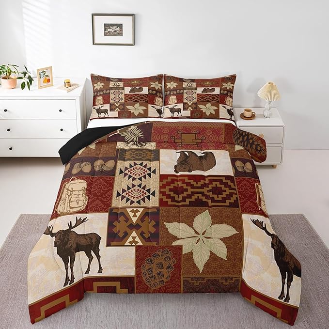 Buffalo Plaid Comforter Set Cabin Decor,Bear Elk Deer Wild Animal Bedding Sets Fall Leaves Pine Cones Duvet Insert Wildlife Hunting Theme Quilt Patchwork Bohemian Floral Down Comforter,Twin 2Pcs
