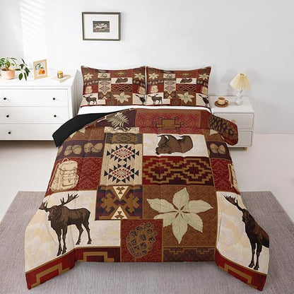 Buffalo Plaid Comforter Set Cabin Decor,Bear Elk Deer Wild Animal Bedding Sets Fall Leaves Pine Cones Duvet Insert Wildlife Hunting Theme Quilt Patchwork Bohemian Floral Down Comforter,Twin 2Pcs
