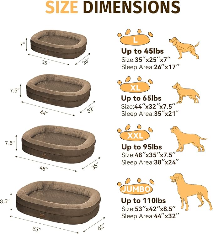 Orthopedic Washable Large Dog Bed: Cooling Dog Bed with Bolsters - Jumbo Bed Waterproof Removable Cover Non-Slip Pet Bed for Extra Large Sized - Coffee
