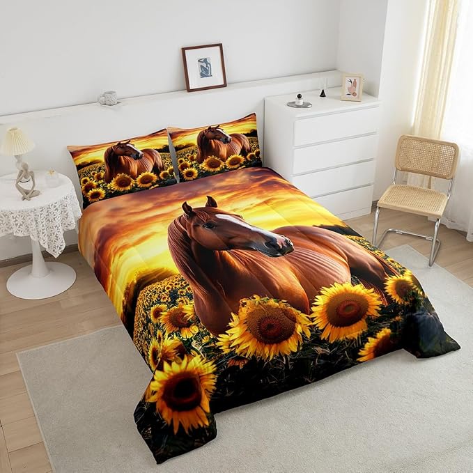 3D Horse Comforter Set for Kids Boys Wild Animal Down Comforter Girls Teen Adult Women Sunflower Quilted Duvet Brown Horse Bedding Comforters Cowboys Farmhouse Comforter with 2 Pillowcases, Full Size