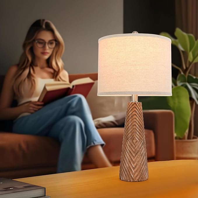 Terpsichore Nightstand Lamp Bedside Lamps Set of 2 Vintage Rustic Farmhouse Table Lamp 3 Way Dimmable Horizontal Stripe Light,for Living Room Bedroom,USB A+C (Brown, Hing 24 Inch)