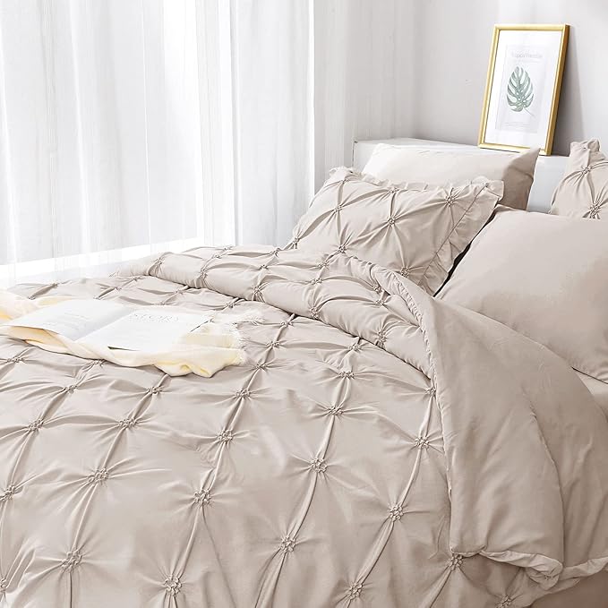 JOLLYVOGUE Beige Cal King Size Comforter Sets 7 Pieces, Pintuck Bed in a Bag Comforter Set for Bedroom, Bedding Comforter Sets with Comforter, Sheets,Ruffled Shams & Pillowcases