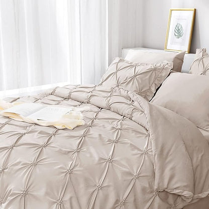 JOLLYVOGUE Beige Twin Size Comforter Sets 5 Pieces,Pintuck Bed in a Bag Comforter Set for Bedroom, Bedding Comforter Sets with Comforter, Sheets,Ruffled Shams & Pillowcases