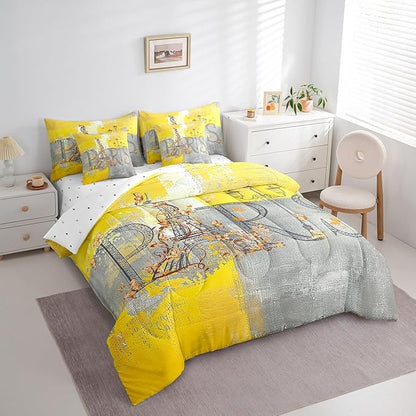 Erosebridal Paris Print Bedding Comforter Sets 7 Pieces Yellow Grey Bedding Set, Abstract Full Size Comforter Set (1 Comforter, 1 Fitted Sheet, 1 Flag Sheet, 2 Pillowcases, 2 Throw Pillow Covers)