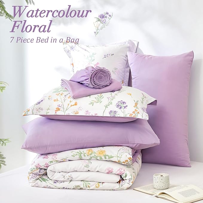 Yiran 7 Piece Floral Full Size Comforter Set, Purple Flower Comforters Bedding Set Aesthetic Botanical Bed in a Bag for Women Girls, Soft Microfiber Cottagecore Farmhouse Bed Set with Sheets