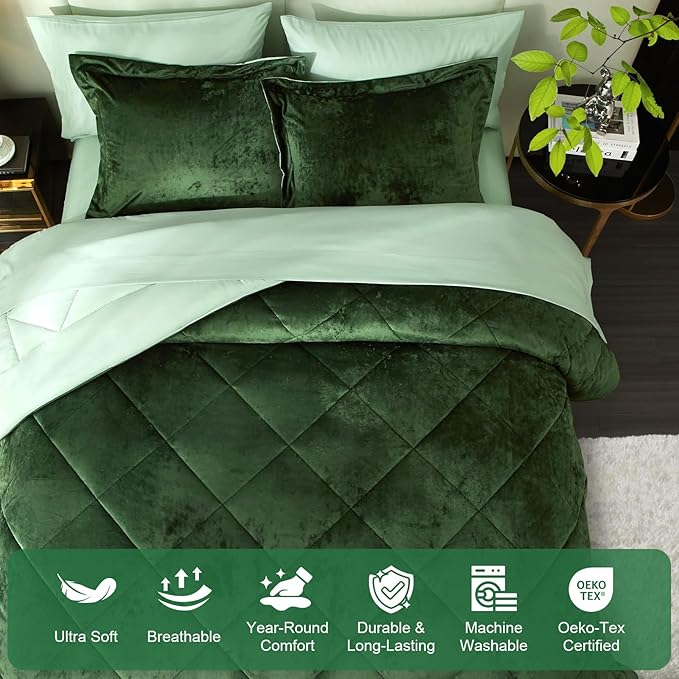 Ivellow Queen Comforter Set 7 Pieces Bed in a Bag Crushed Velvet Comforter Set Flannel Queen Green Comforter Ultra Soft Breathable Luxury Soft Warm Winter Bedding Set with Sheets, Pillowcases & Shams