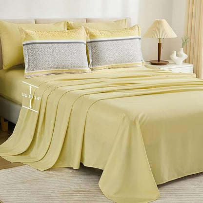 WONGS BEDDING Yellow Comforter Set Queen Size, 7 Pieces Striped Bed in a Bag Comforter and Sheet Set, Bohemian Soft Lightweight Micorfiber Bedding Set for All Seaon (90"×90")