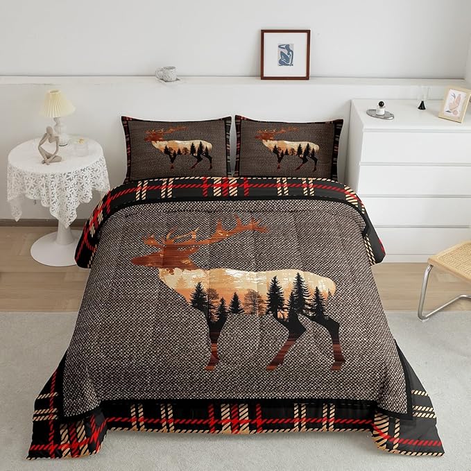 Erosebridal Elk Deer Comforter Set Queen,Hunting Deer Wild Animals Bedding Set for Teens,Western Farmhouse Orange Grey Down Comforter,Nature Antlers Moose Quilted Comforter Bedroom Decor Warm