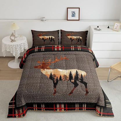 Erosebridal Elk Deer Comforter Set Twin,Hunting Deer Wild Animals Bedding Set for Teens,Western Farmhouse Orange Grey Down Comforter,Nature Antlers Moose Quilted Comforter Bedroom Decor Warm