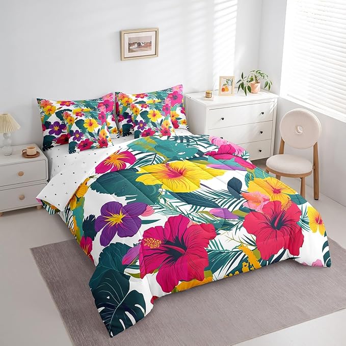 Feelyou Palm Leaf Comforter Set Queen Size 7 Pieces Flower Bedding Set for All Season Floral Blossom Botanical Nature Theme Bed in a Bag with Comforter, Sheets, Pillowcases & Cushion Cover