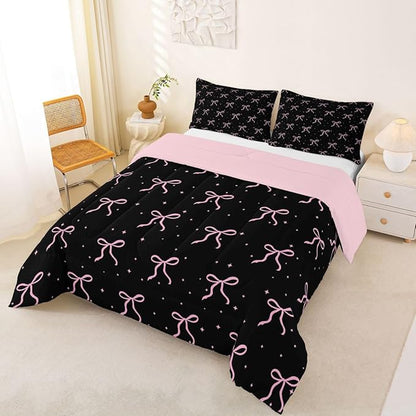 Erosebridal Girls Pink Bow Comforter Set King Size Black Pink Coquette Bedding Set for Teen Girls Kids Women Bedroom Cute Girly Bows Comforter Preppy Ribbon Bowknot Quilt Duvet