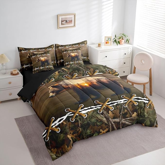 Camo Full Size Bed Sheets and Comforter Set | Brown Bear 7 Piece Bedding Set Mens Country Bed in a Bag, Farmhouse Woodland Animals Hunting Room Decor,Camouflage Rustic Cabin Decor Camo Bed Set