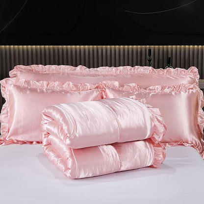 Satin King Comforter Set Silk Like Satin Bedding Set Hotel Soft Polyester Pink Bed Set Luxury Silky Pillow Cover with Quilt Set Ruffle Down Comforter Home Decor