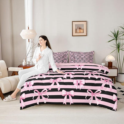 Erosebridal Kawaii Cute Pink Black Girls Bowknot Comforter Set Queen Size 7 Pieces | Bow Y2K Kids Bed in A Bag Geometric Bed Set Stripe Bedding