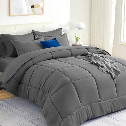 SLEEP ZONE Full Size Comforter Set Duvet Insert, Down Alternative Reversible Comforter, Lightweight, Soft and Breathable Bedding All Season, Square Quilting Grey