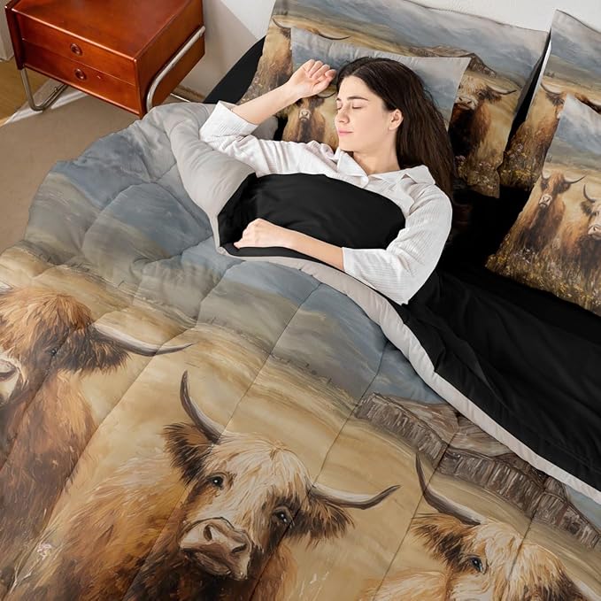 Erosebridal Western Highland Cow Comforter Sets with Sheets, Flower Highland Bull Bedding Set Full for Boys Girls Rustic Farm Animal 7Pcs Bed in A Bag Watercolor Floral Farmhouse Bed Set