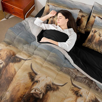 Erosebridal Western Highland Cow Comforter Sets with Sheets, Flower Highland Bull Bedding Set Full for Boys Girls Rustic Farm Animal 7Pcs Bed in A Bag Watercolor Floral Farmhouse Bed Set