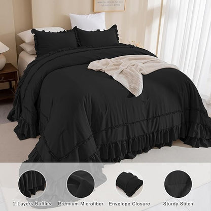 QSH Oversized King Comforter 128x120,3PCs Black Farmhouse Lightweight Ruffled Bedding Comforter Set Shabby Boho Chic California King Bed Comforter Set French Country Soft Microfiber Fluffy Bed Set