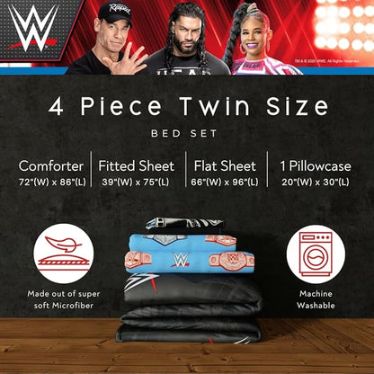 WWE Wrestling Twin Bedding Set – 4 Piece Super Soft Microfiber Reversible Comforter & Sheet Set Featuring Championship Belts (Officially Licensed Product) by Franco