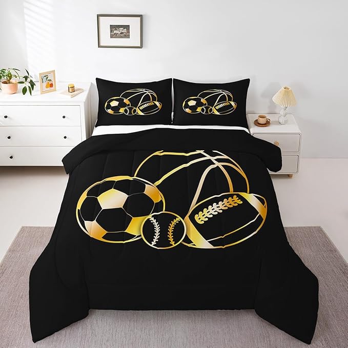 Feelyou Football Sports Comforter Set Full Size Soccer Ball Game Comforter for Boys Girls Teens Basketball Bedding Set Baseball Duvet Set Room Decor Dull Black Mixed Ball Quilt Set