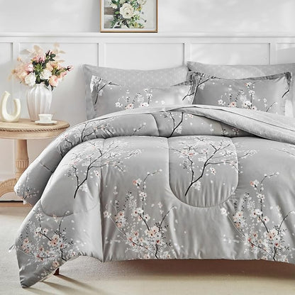 AIKASY Bed in a Bag 7 Pieces Queen Size - Floral Print - Soft Microfiber, Reversible Bed Comforter Set (1 Comforter, 2 Pillow Shams, 1 Flat Sheet, 1 Fitted Sheet, 2 Pillowcases)（Grey, Queen）