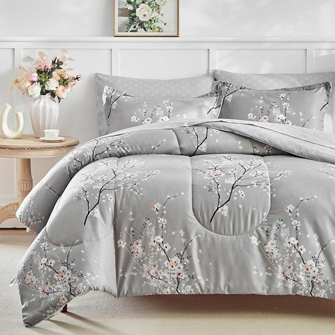 AIKASY Bed in a Bag 6 Pieces Twin Size - Floral Print - Soft Microfiber, Reversible Bed Comforter Set (1 Comforter, 2 Pillow Shams, 1 Flat Sheet, 1 Fitted Sheet, 1 Pillowcases)（Grey, Twin）