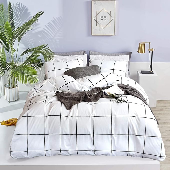 Pureant White Plaid Comforter Sets Queen Size Black and White Grid Bedding Comforters Cotton Women Men Modern Simple Geometric Quilt Comforter Adults Teens White Buffalo Plaid Comforter Bedding Soft