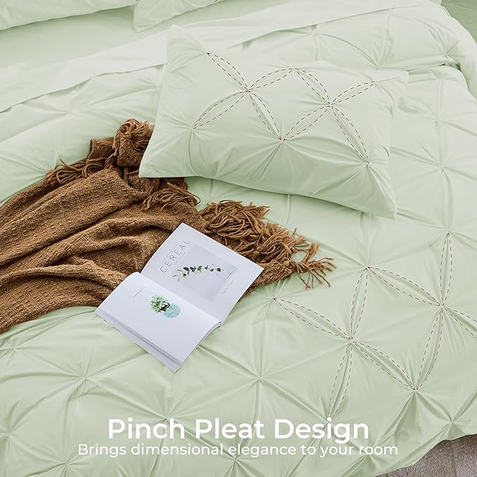 Sasttie Full Size Comforter Set, 7-Piece Bed in a Bag, Pintuck Bedding Sets for All Season, Includes Comforter, Flat Sheet, Fitted Sheet, Pillowcases and Pillowshams, Mint
