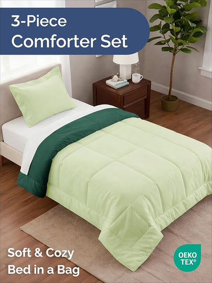 Twin XL Comforter Set - 2 Piece Bed Set for All Seasons - 1 Soft Quilted Comforter with Corner Tabs & 1 Pillow Sham - Comfy & Breathable - Premium Down Duvet Insert - Twin XL Size, Emerald/Light Sage