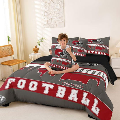 Erosebridal Football City 7 Pcs Comforter Set King Football Bedding for Boys Girls Grey Red Rugby Game Sheet Set Bed in A Bag Football Fans Bedroom Decor Sports Ball Team Bed Set