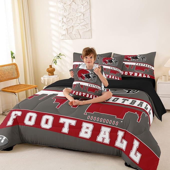 Erosebridal Football City 7 Pcs Comforter Set Twin Football Bedding for Boys Girls Grey Red Rugby Game Sheet Set Bed in A Bag Football Fans Bedroom Decor Sports Ball Team Bed Set
