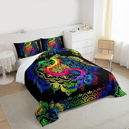 Watercolor Dragon Comforter Set Queen Size,Rainbow Mandala Print Duvet Quilted,Bohemian Exotic Style and Animal Theme Bedding Comforters 3Pcs for Kids Child Teens Woman Man Bedroom Decor,Black
