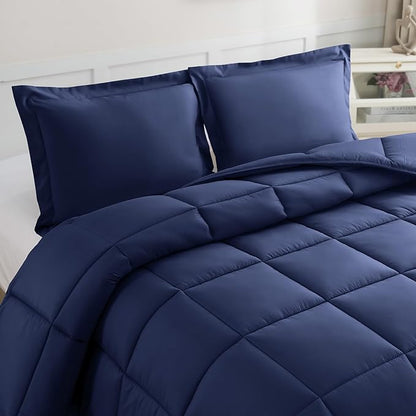 Elegant Comfort 3-Piece Box Stitched Down Alternative Comforter with Shams - Ultra Soft for All Season Duvet Insert with Corner Tabs, Plush Cozy 3PC Comforter Set, Full, Navy Blue