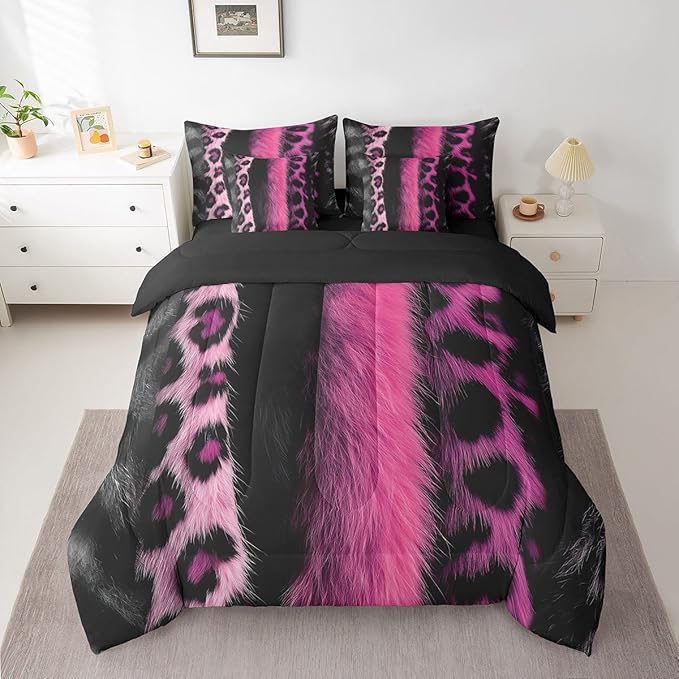 jejeloiu 3D Pink Leopard 7 Piece Bedding Set King Size Adult Leopard Comforter Set with Sheets for Boys Girls Animal Print Bed in a Bag Wild Animal Fur Bed Set