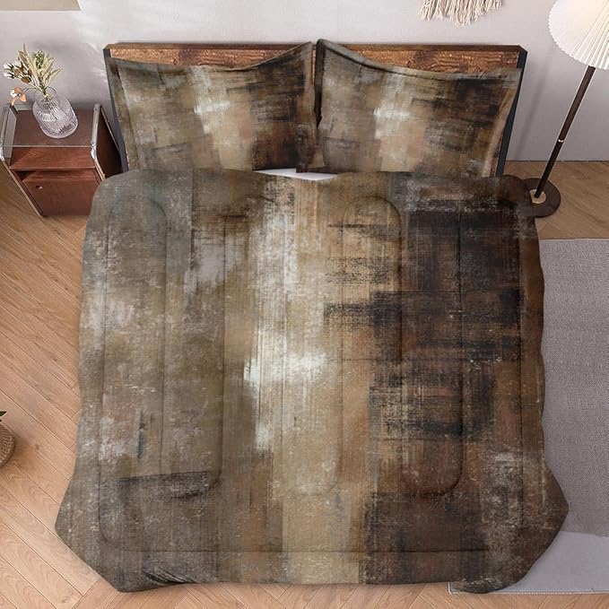 Twin Size Comforter Set with Pillowcase, Beige Brown Contemporary 2 Pcs Bedding for Kids and Adults, Grey Abstract Painting Soft Comforter Set for Bedroom Bed Decor