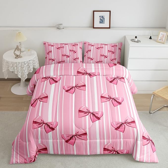 Erosebridal Pink Bowknot Bedding Set for Girls Bedroom, Dreamy Princess Full Size Comforter Set, Cute Bow Girly Down Comforter, Kawaii Stripes Quilt,Lightweight Bedroom Decor