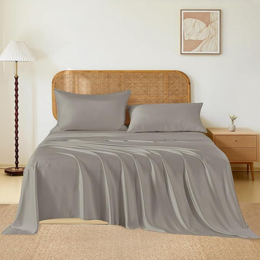 THXSILK Luxury Mulberry Silk Bed Sheets Set - 4pcs Silk Sheets Set 16" Deep Pocket - 1 Fitted Sheet, 1 Flat Sheet, 2 Pillowcases with Zipper Closure - Calfornia King, Grey