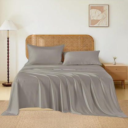 THXSILK Luxury Mulberry Silk Bed Sheets Set - 4pcs Silk Sheets Set 16" Deep Pocket - 1 Fitted Sheet, 1 Flat Sheet, 2 Pillowcases with Zipper Closure - Full, Grey