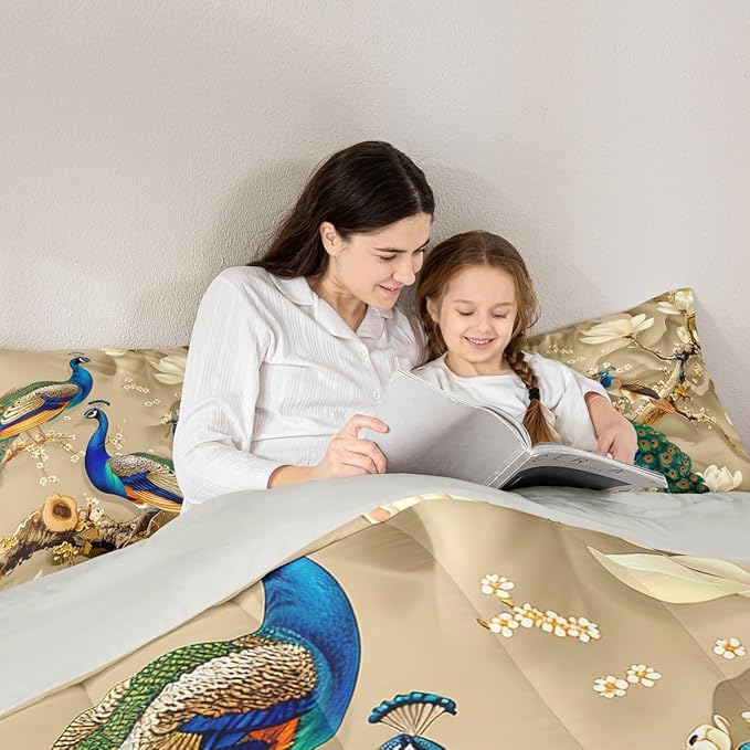 Feelyou Peacock Comforter Peacock with Floral Bedding Set for Kids Adults Girls Animals Comforter Set Botanical Quilt Set 1 Comforter Set with 2 Pillowcases Queen Size
