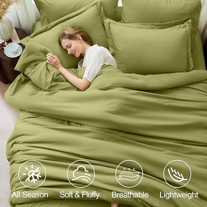 FUANNA Twin Comforter Set Olive Green, 5 Pieces Soft Twin Size Bedding Sets, All Season Lightweight Bed in a Bag with Comforter, Flat Sheet, Fitted Sheet, Pillowcase & Sham