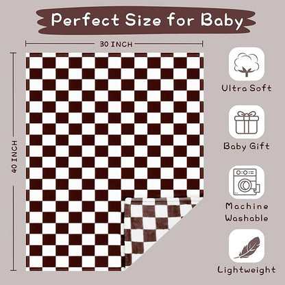 Yurhap Checkered Baby Blanket Fleece Baby Blankets Neutral for Boys Girls, Super Soft Warm Lightweight Infant Toddler Newborn Receiving Gifts for Crib Stroller, 30x40 Inch, Brown