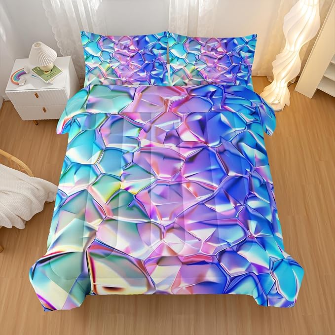 Purple and Blue Abstract Art Comforter Modern Abstract Comforter Set,Laser Gradient Bedding Set Full Size,Mordern Art Decor All Season Lightweight Soft Microfiber with 2 Pillow Shams