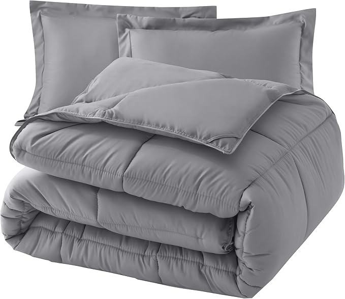 Elegant Comfort 3-Piece Box Stitched Down Alternative Comforter with Shams - Ultra Soft for All Season Duvet Insert with Corner Tabs, Plush Cozy 3PC Comforter Set, Twin, Gray